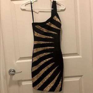 Asymmetrical black & gold sequin mini dress XXS